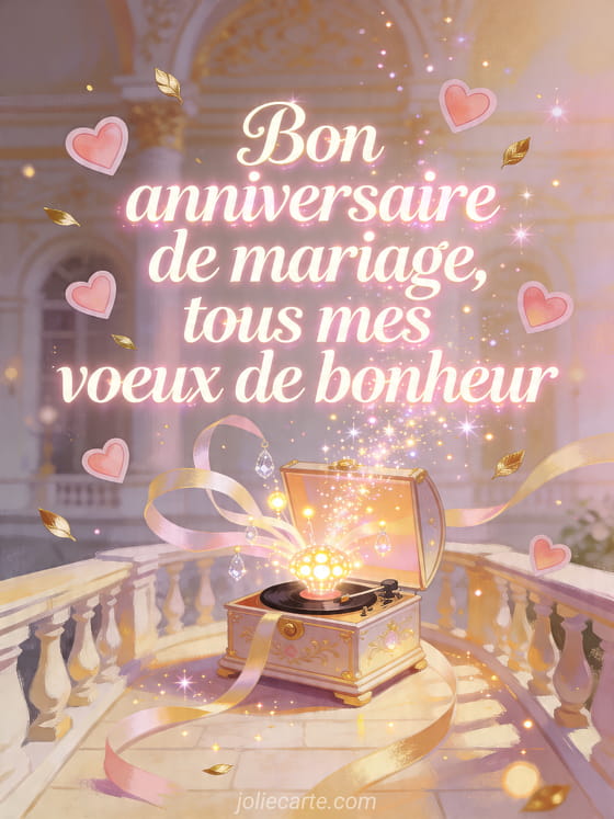 Boite a musique ouverte sur une terrasse avec rubans lumineux et texte Bon anniversaire de mariage