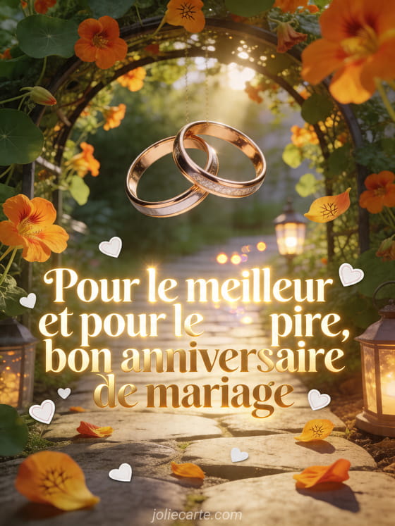 Alliances suspendues sous une arche de capucines avec le texte Bon anniversaire de mariage