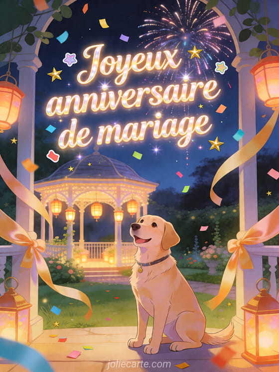 Chien labrador pres d'un pavillon de jardin illumine avec le texte Joyeux anniversaire de mariage