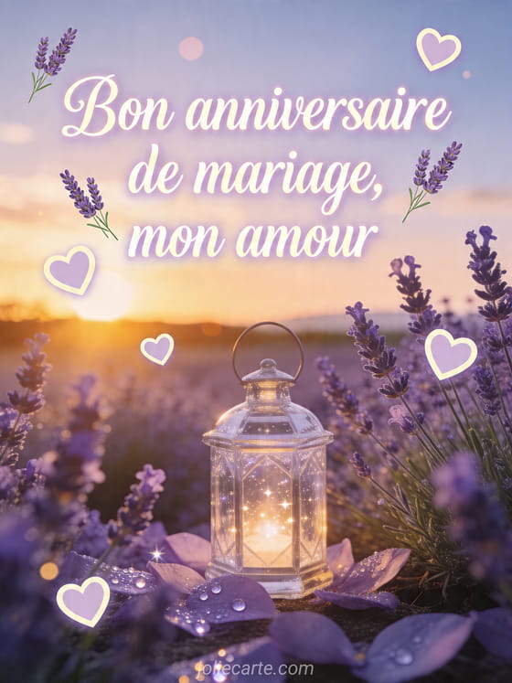 Lanterne de cristal dans un champ de lavande au coucher du soleil avec le texte Bon anniversaire de mariage