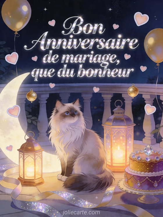 Chat turc angora sur une terrasse de nuit pres de lanternes et d'un gateau d'anniversaire de mariage