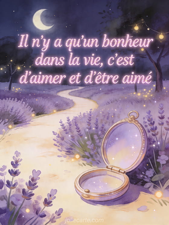 Jardin de lavande au clair de lune avec médaillon ouvert et petites lumières, citation écrite en rose
