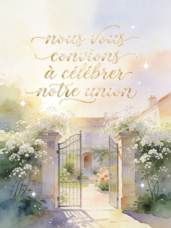 Portail de jardin illustré en gypsophile ouvrant sur une cour fleurie, texte nous vous convions à célébrer notre union