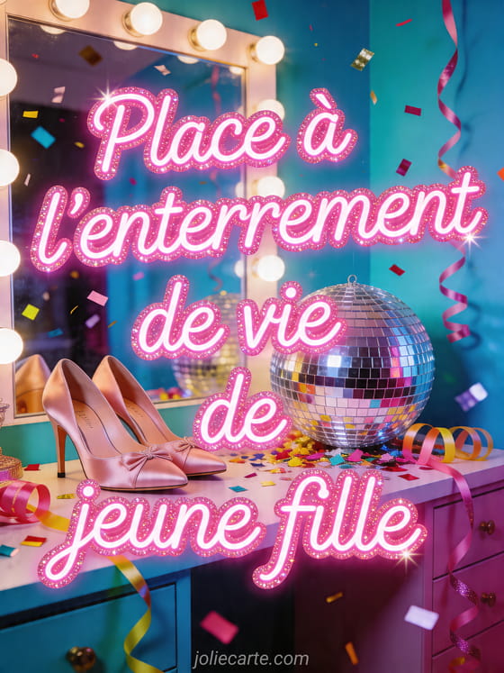 Loge festive avec boule disco, talons satinés, rubans et confettis, texte EVJF