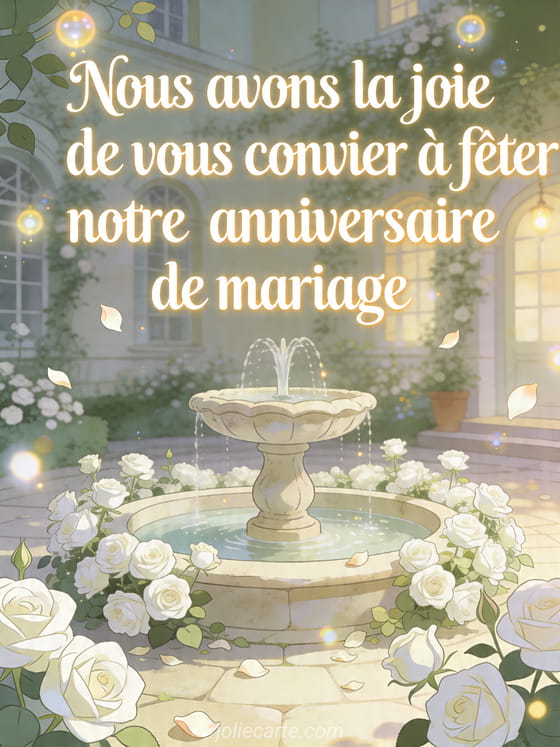 Fontaine en pierre entourée de roses blanches et lumières flottantes dans une cour fleurie