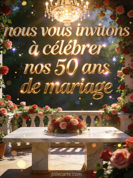 Terrasse couverte de roses avec lustre au-dessus d'une table en marbre pour 50 ans de mariage