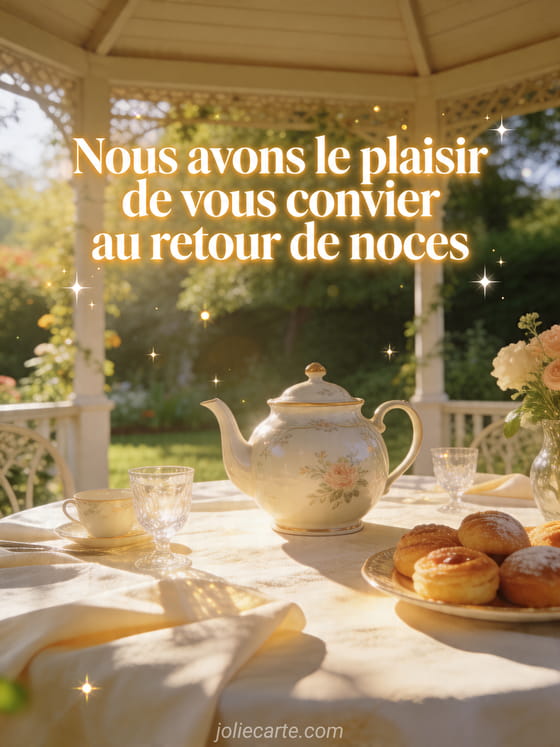 Pavillon de brunch au jardin avec théière, pâtisseries et lumière dorée, texte retour de noces