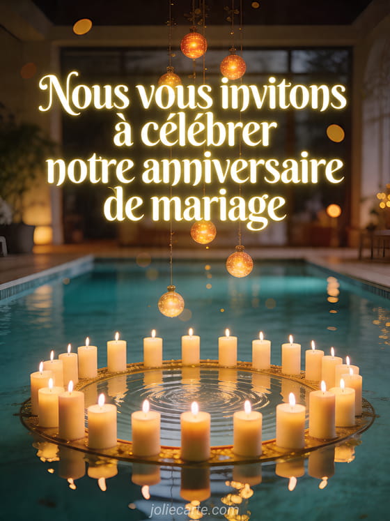 Cercle de hautes bougies reflété dans un bassin intérieur sous des lumières suspendues