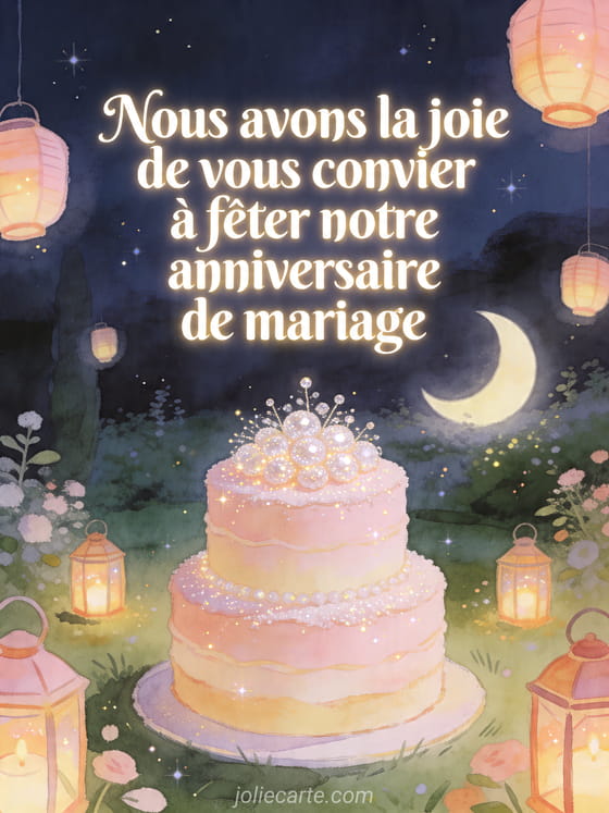 Gâteau de fête décoré de sucre scintillant dans un jardin nocturne éclairé de lanternes