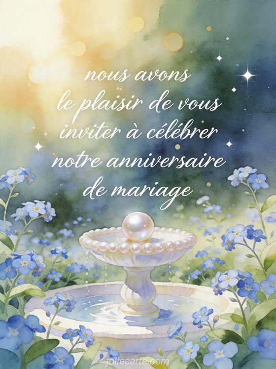 Jardin illustré de myosotis autour d'une fontaine nacrée avec texte d'anniversaire de mariage