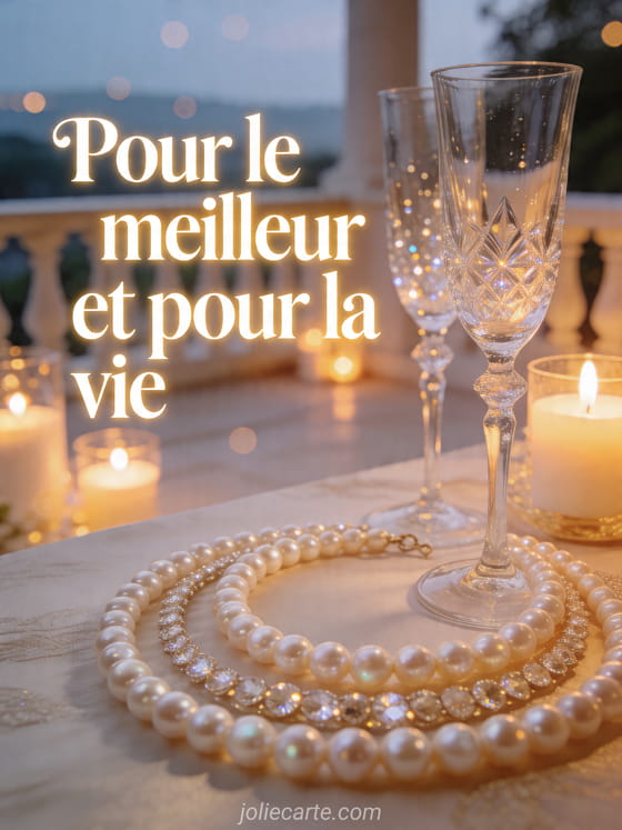 Collier de perles à côté de flûtes en cristal et de bougies sur une terrasse lumineuse