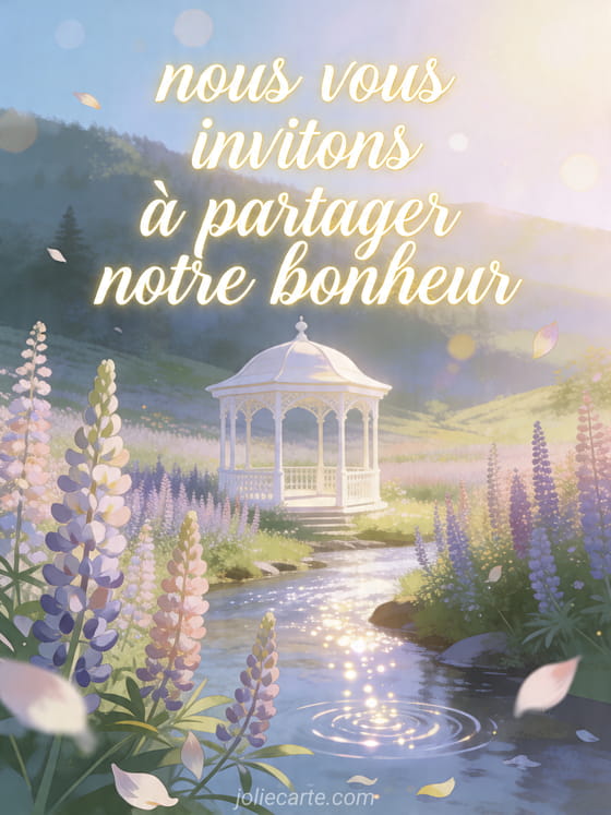 Vallée illustrée de lupins avec kiosque ivoire au bord d'un ruisseau et texte d'invitation au mariage