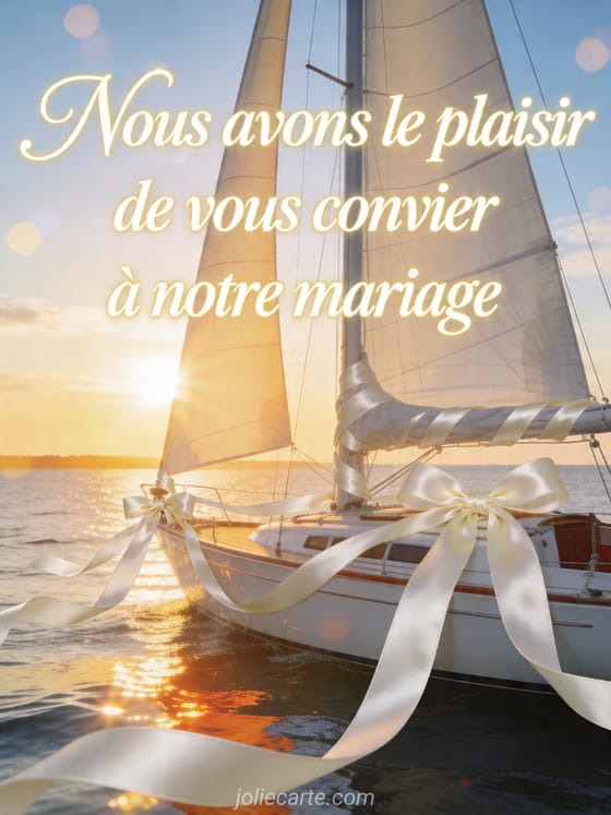 Voilier blanc décoré de rubans satinés sur une eau lumineuse au lever du jour