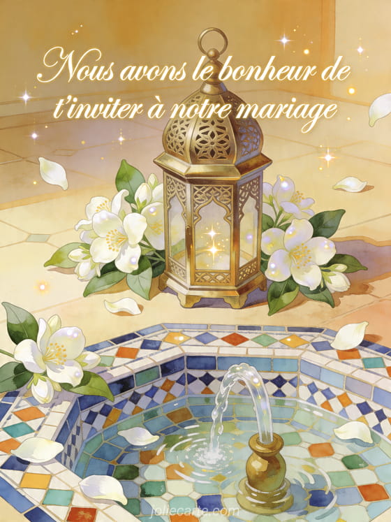 Illustration de jasmin autour d'une lanterne en laiton et d'une fontaine mosaïque avec un texte d'invitation au mariage