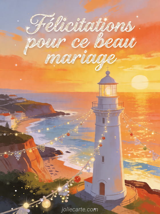 Illustration d'un phare blanc au bord de la mer sous un ciel couchant, avec le texte Félicitations pour ce beau mariage