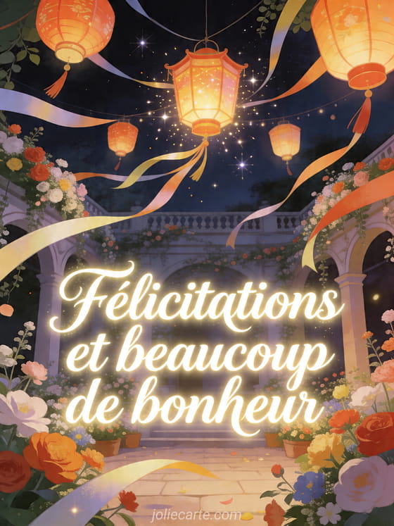 Cour fleurie illuminée de lanternes et rubans avec le texte Félicitations et beaucoup de bonheur