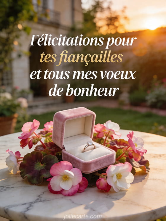 Photo realiste d'un ecrin a bague en velours pose parmi des begonia sur une table en marbre dans une cour de jardin, texte Felicitations pour tes fiancailles et tous mes voeux de bonheur