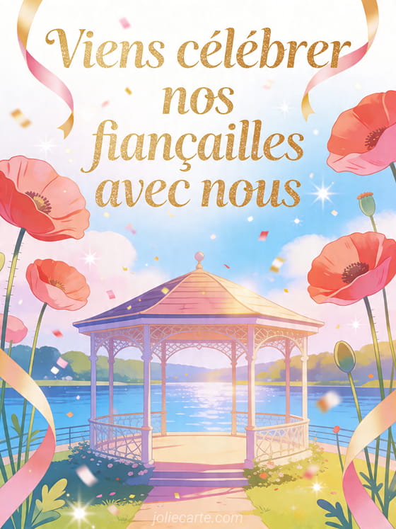 Illustration d'un kiosque au bord d'une riviere entoure de coquelicots et de rubans flottants, texte Viens celebrer nos fiancailles avec nous