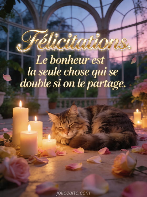 Chat maine coon près de bougies et de pétales dans une véranda, avec le texte de félicitations sur la carte