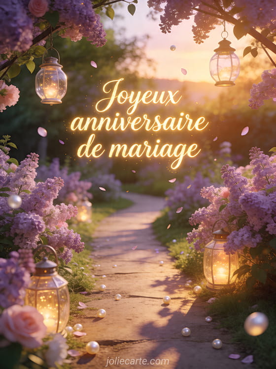 Allée de jardin printanier avec lilas, lanternes en verre et le texte Joyeux anniversaire de mariage