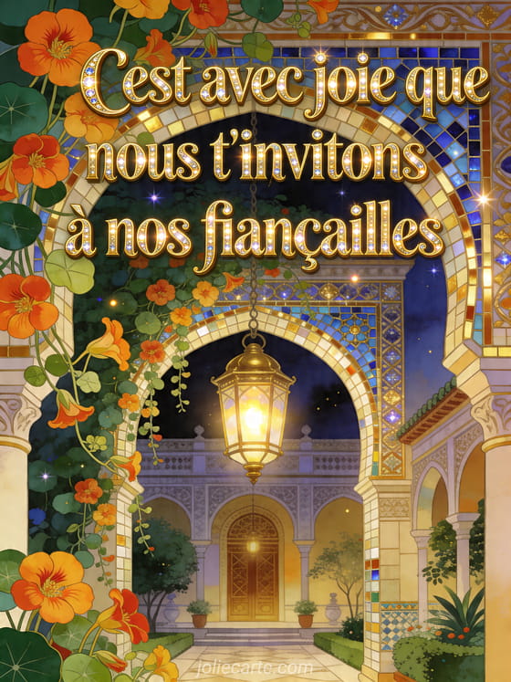 Illustration d'une arche mosaique entouree de capucines et de lanternes en laiton dans une cour elegante, texte C'est avec joie que nous t'invitons a nos fiancailles
