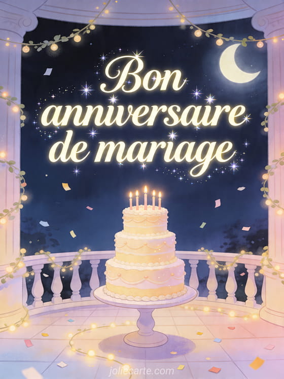 Grand gâteau de fête avec bougies sur une terrasse nocturne et le texte Bon anniversaire de mariage