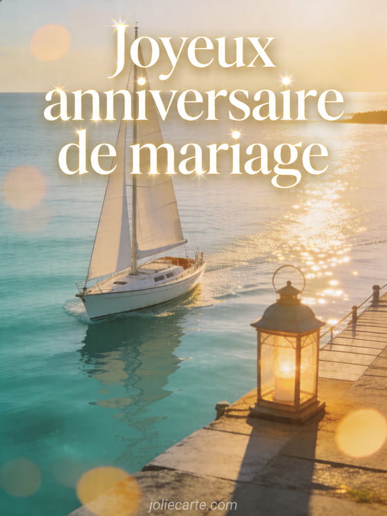 Voilier blanc dans une baie turquoise près d'une jetée illuminée avec le texte Joyeux anniversaire de mariage