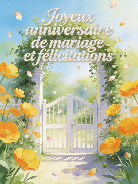 Portail de jardin blanc entouré de boutons d'or avec le texte Joyeux anniversaire de mariage et félicitations