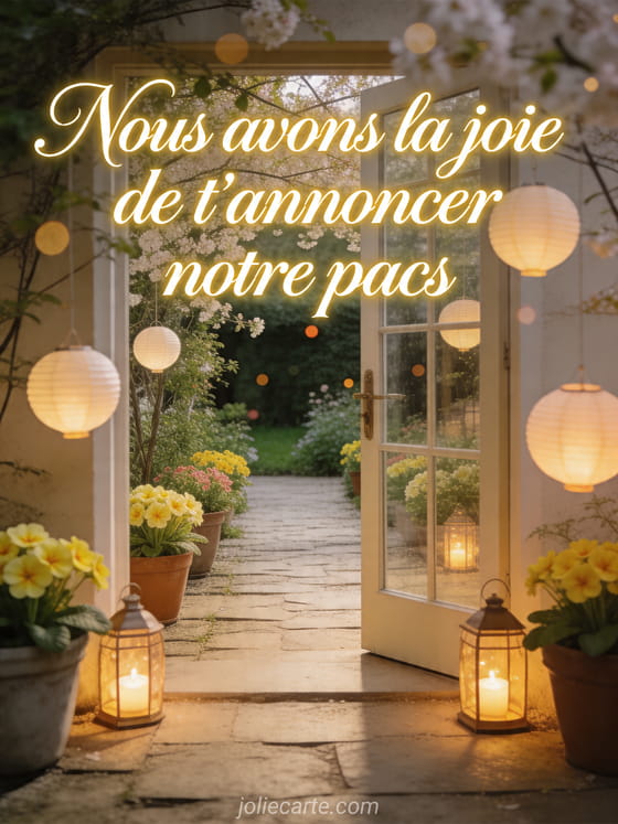 Cour printanière avec pots de primevères, lanternes flottantes et porte vitrée, avec le texte Nous avons la joie de t'annoncer notre pacs