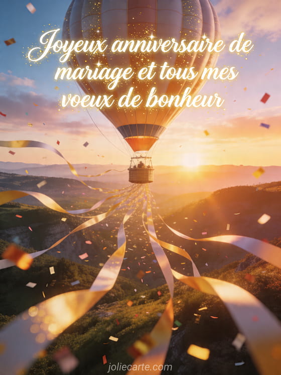 Montgolfière au-dessus d'une vallée lumineuse avec confettis et le texte Joyeux anniversaire de mariage et tous mes voeux de bonheur