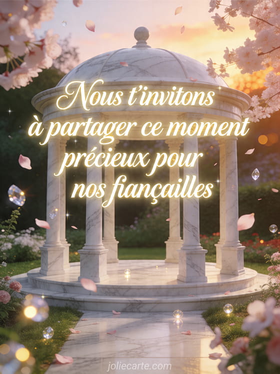 Photo realiste d'un pavillon en marbre sous des petales de fleurs de cerisier et des lumieres cristallines dans un jardin, texte Nous t'invitons a partager ce moment precieux pour nos fiancailles