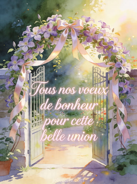 Illustration d'un portail de jardin entouré de clématites et de rubans satinés, avec un texte de voeux pour un pacs