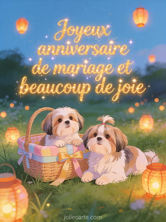 Deux chiens shih tzu près d'un panier de pique-nique dans une prairie avec le texte Joyeux anniversaire de mariage et beaucoup de joie