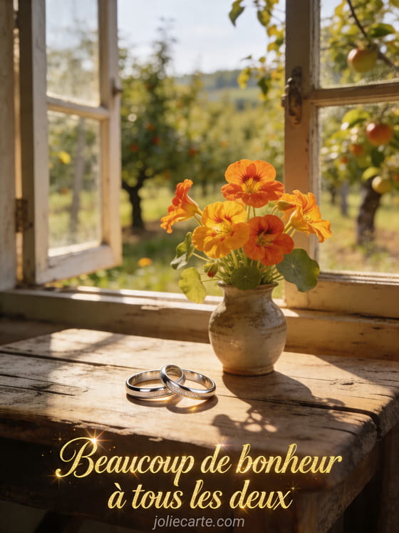 Anneaux argentés près d'un vase de capucines sur une table rustique devant une fenêtre ouverte sur un verger