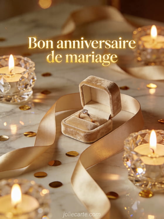 Écrin à bague en velours avec rubans, bougies et le texte Bon anniversaire de mariage