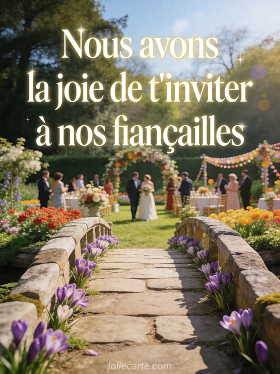 Photo realiste d'un pont de pierre borde de crocus menant vers une celebration dans un jardin lumineux, texte Nous avons la joie de t'inviter a nos fiancailles
