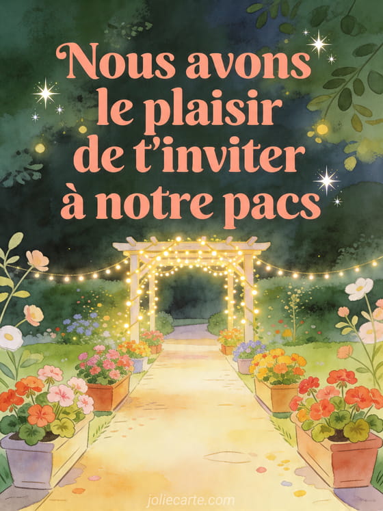 Illustration d'une allée de jardin bordée de géraniums menant à une pergola lumineuse, avec un texte d'invitation au pacs
