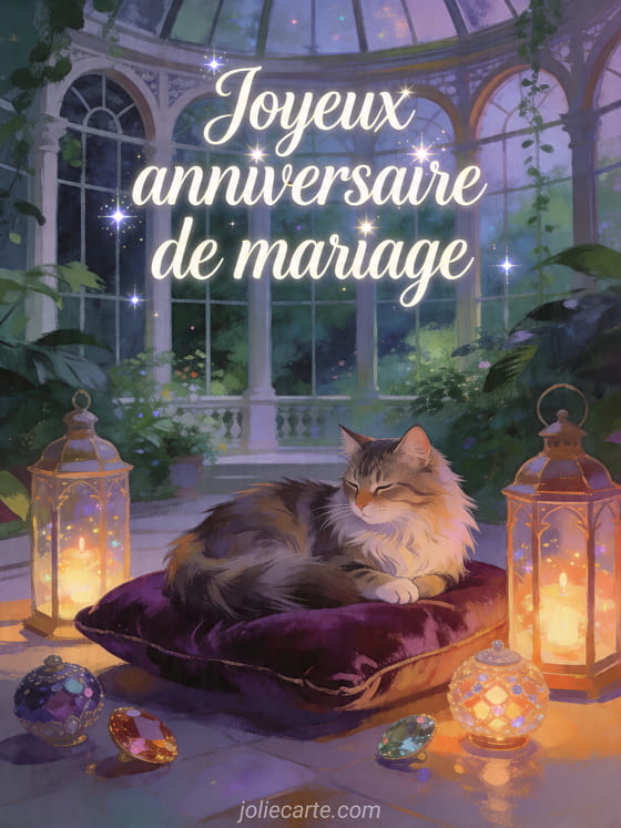Chat norvégien sur un coussin de velours près de lanternes avec le texte Joyeux anniversaire de mariage