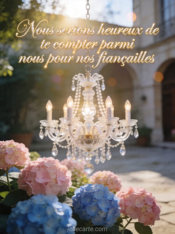 Photo realiste d'un lustre en cristal suspendu au-dessus d'hortensias en fleurs dans une cour ensoleillee, texte Nous serions heureux de te compter parmi nous pour nos fiancailles