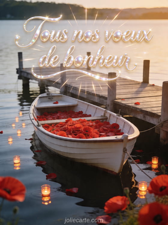 Jetée au bord d'un lac avec une barque blanche remplie de pétales de coquelicot et de petites lanternes