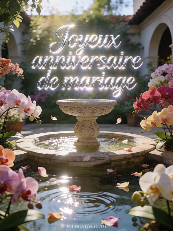 Cour avec orchidées et fontaine en pierre sous une lumière du matin, avec le texte Joyeux anniversaire de mariage