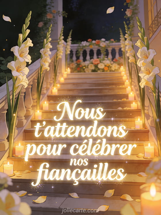 Illustration d'un escalier borde de grands glaieuls et de bougies lumineuses menant a une terrasse fleurie, texte Nous t'attendons pour celebrer nos fiancailles