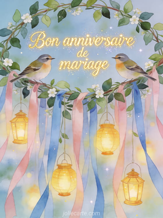 Deux oiseaux fauvettes sur une arche de feuillage avec rubans et le texte Bon anniversaire de mariage