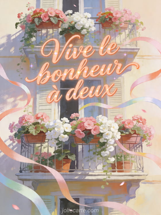 Illustration d'une terrasse lumineuse remplie de pots de bégonias et de rubans, avec le texte Vive le bonheur à deux