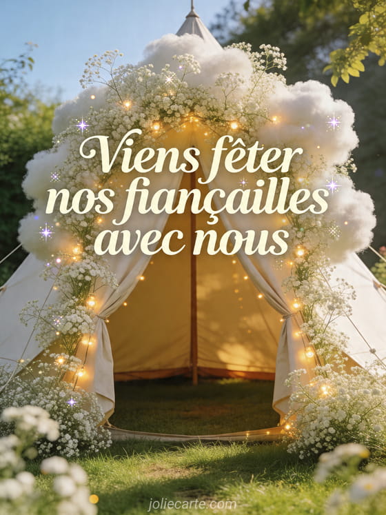 Photo realiste d'une tente de jardin entouree de gypsophile et de petites lumieres sur une pelouse lumineuse, texte Viens feter nos fiancailles avec nous