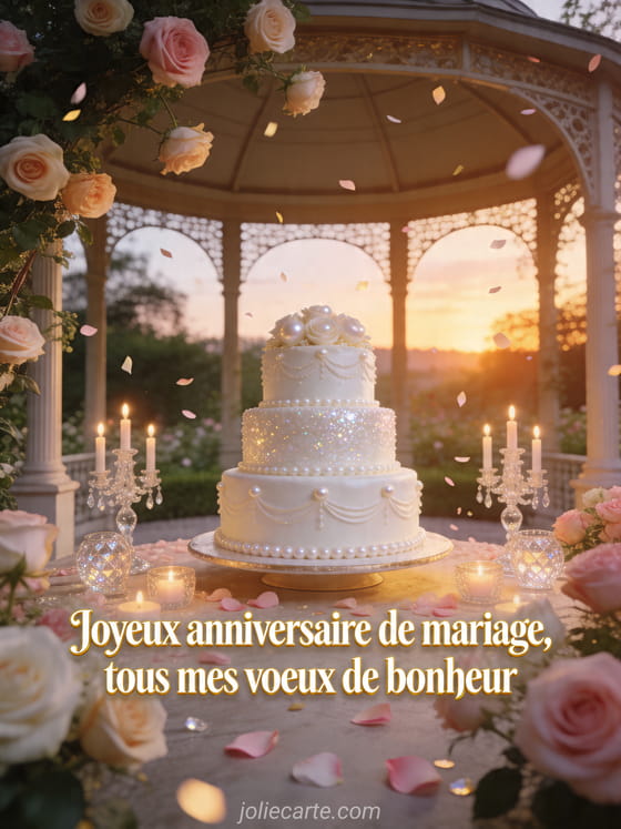 Gâteau blanc entouré de roses et bougies dans un pavillon de jardin avec le texte Joyeux anniversaire de mariage, tous mes voeux de bonheur