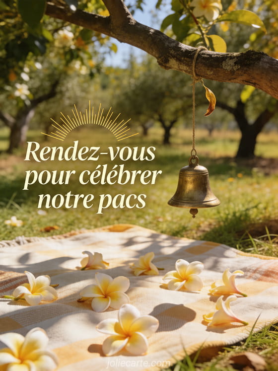 Scène de pique-nique dans un verger ensoleillé avec fleurs de frangipanier et petite cloche en laiton