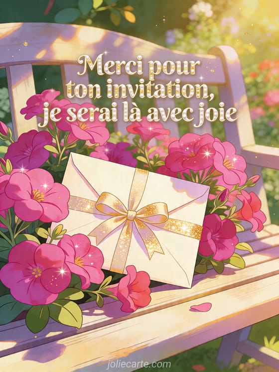 Illustration d'une enveloppe nouee d'un ruban posee parmi des fleurs de fuchsia sur un banc de jardin ensoleille, texte Merci pour ton invitation, je serai la avec joie