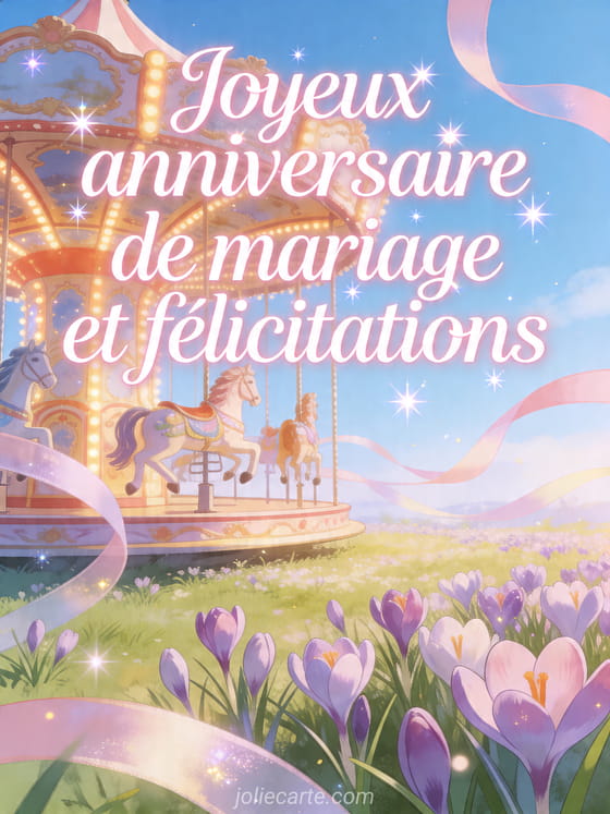 Carrousel ancien près d'un champ de crocus avec rubans et le texte Joyeux anniversaire de mariage et félicitations