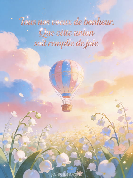 Illustration d'une montgolfière au-dessus d'une prairie de muguet sous un ciel lumineux, avec un texte de voeux